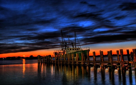 Sunset On The Dock - sky, blue, red, dock, fishing boat