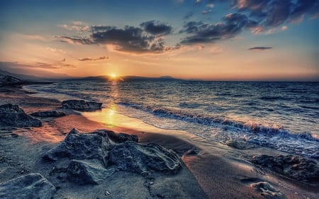 Sunset Beach - beach, ocean, blue, sunrise, waves