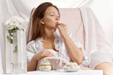 Delicious... - woman, sweets, silk, lovely, vase, white, beautiful, pleasures, flowers