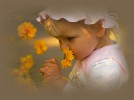 Enjoy Nature ! - flowers, blooms, yellow, smelling, girl, lovely, baby