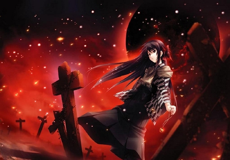 Cross behind Anime - cgi, cross, sky, red, anime, babe