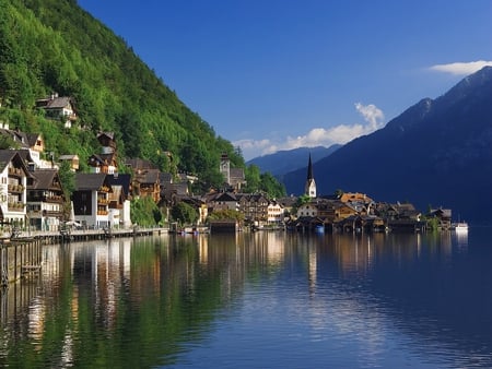 Lake-side-Houses - picture, houses, lake, beautiful, mountains