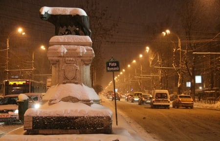 Romania - street, winter, night, bucharest, white, wolf, car, light, monument, romania, snow