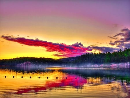 Beautiful sky reflection - clouds, water, coast, sea, reflection, colorful, river, sunset, nature, purple, golden, sky