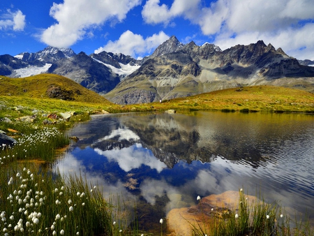 Mountainscape - clouds, mountainscape, water, summer, spring, reflection, mountain, flowers, river, nature, lake, sky