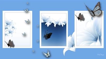 Lilies and Butterflies - collage, simple, modern, lily, blue, beautiful, scattered, shadow, butterflies