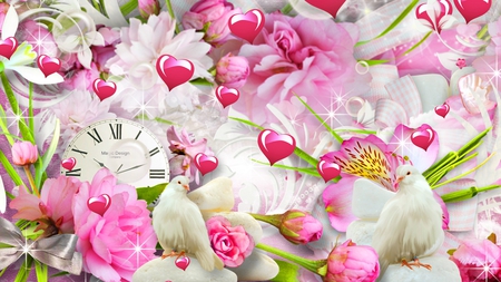 Doves Enchantment - dove, pink, clock, valentines day, flowers, time, bird