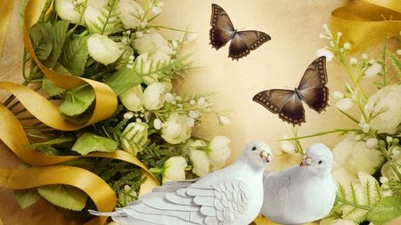 Golden Glorious - valentines day, spring, gold, doves, flowers, vintage, lily of the valley, butterfly, ribbon, nic nac