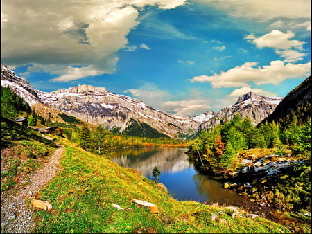 Mountain lake - clouds, summer, beautiful, lake, grass, mountain, sky