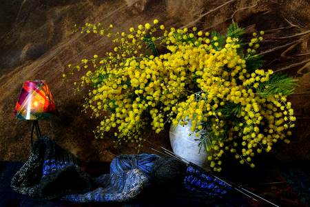 Still Life - beauty, yellow flowers, photography, lovely, still life, vase, nature, pretty, romantic, yellow, beautiful, romance, colors, lamp, flowers