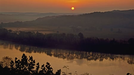 distant sunset - pretty, trees, water, photography, evening, forest, reflection, dark, sunset, nature, dusk, sun