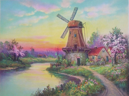 AWAITING SPRING - breeze, windmill painting, colorful, spring