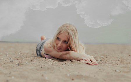 blonde girl on the beach - wp, beach, woman, cloud, sand