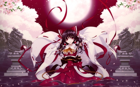 Reimu Hakurei - moon, anime, female, water, cherry blossoms, reimu hakurei, red eyes, dragon, touhou, japanese cloth