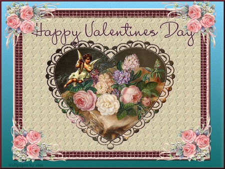 HAPPY VALENTINES DAY - heart, mask, valentines, victorian, angel, pink flowers