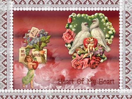 Heart of My Heart - childre, cupid, victorian, lace, valentine, flowers, birds