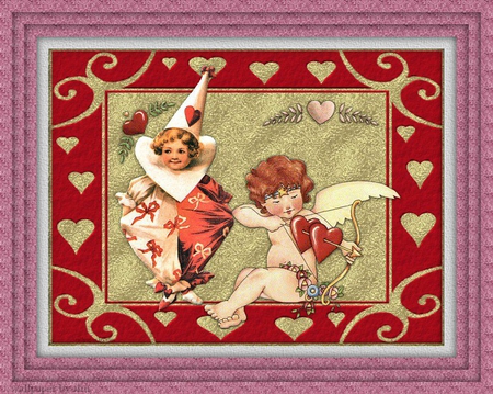 cupid and friend - boy, cupid, mask, valentines, red, victorian, hearts