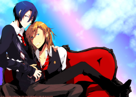 Uta no Prince-sama - uta no prince-sama, sky, ren jinguuji, ren, masato, black, bishounen, lovers, cloud, boys, anime, handsome, rainbow, starish, masato hijirikawa, school uniform, chair, blue, red, friends