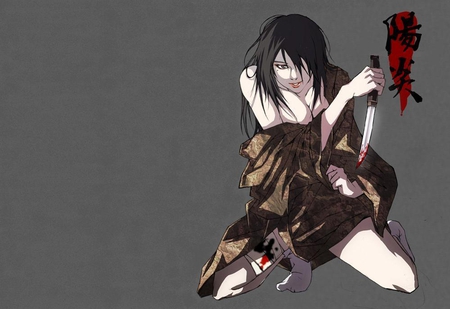 Kouga Kagero - female, basilisk, anime girl, knife, black hair, anime, kimono, kagero, grey background, girl, long hair, blood, kagero kouga, kouga kagero, bandages, kouga clan, weapons