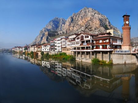 amasya houses near the greenriver,turkey - amasya, house, turkey, river