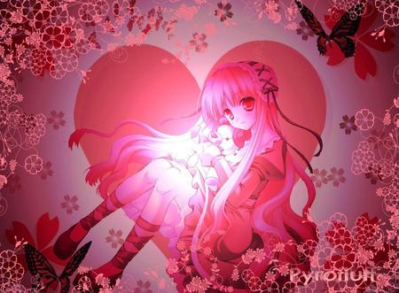 Closed in her Heart - butterflies, pyrofluff, teddy, heart, flowers, love, anime