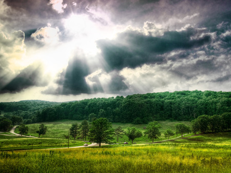 the sun's rays - clouds, trees, rays, landscape, forest, sky