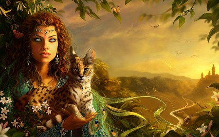 fantasy girl - girls, scary, roses, unreal, animals, carry, eyes, hair, colorful, face, art, cool, digital art, birds, big cat, butterfly, forest, beautiful, wild, 3d, leaves, future, ear ring, drawings, dress, woman, women, sky, trees, lips, female, fantasy, queen, pretty, castle, paintings, big eyed, cute, butterflies, jewelry, cat, girl, lovely, plants, bright, abstract, flowers, colors