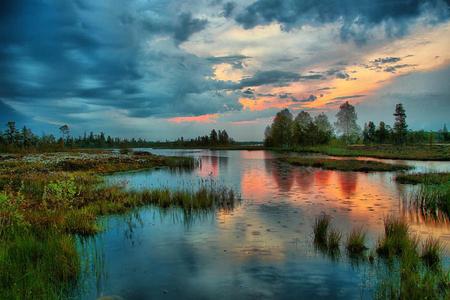 Blue Sunset Lake Swamp - nature, sky, reflection, clouds, water, sunset, swamp