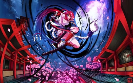 fighter isshi - moon, girl, fighter, dream, isshi, attack, fight, anime, sword, flowers