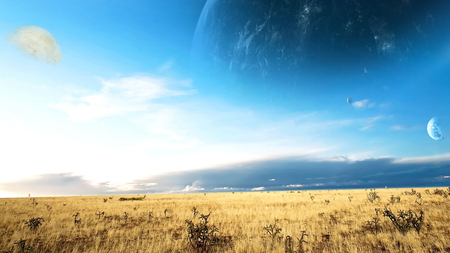 Outland - pretty, star, horizon, fantastic, amazing, planet, bushes, landscape, sci-fi, savannah, earth, stars, outland, space, land, nice, outstanding, sky, clouds, moon, abstract, fields, beautiful, planets, wonderful, awesome, country