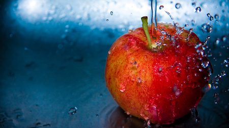 Red apple - nice, juicy, others, fresh, fruits, peach, water, red apple, fruit, crunchy, reflection, food, apple, drops