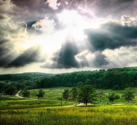 Valley Forge. - valley, sky, landscape, sun, field, path, road, nature, car, cloud, sunray, scenery, tree