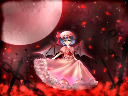 remilia scarlet - red, touhou, petals, cute, game, smile, girl, night