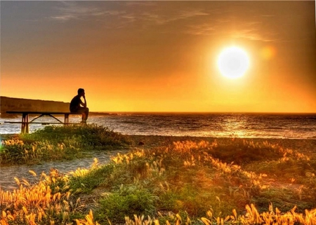 Little Boy Thinking - table, beach, boy, sun