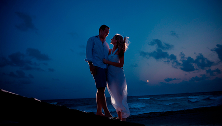 He & she... - blue, romantic, dress, sea, love, man, white, woman, couple