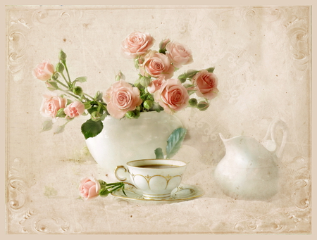 Still life - elegantly, roses, pink, photo, gentle, flowers, nice, vase, beautiful, coffee, photography, cool, still life, flower, bouquet, jug, drink, harmony, white, soft, rose, cup