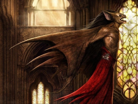 vampire - building, windows, red cloak, hair, wings