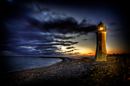 Lighthouse-HDR - nice, beauty, sky, photography, water, great, sunset, black, coast, amazing, view, pretty, cool, clouds, architecture, hdr, ocean, lighthouse, landscape, lovely, blue, beautiful, scenery, stones, colors, sea