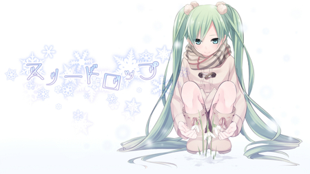 hatsune miku - anime, vocaloid, boots, eyes, snow, long, sama, flowers, aqua, twintails, girl, blush, hair, scarf, miku, cute, hatsune, sexy