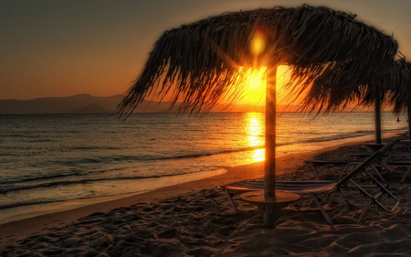 Beach-HDR - pretty, relax, horizon, scenery, romantic, amazing, beach, landscape, lounges, great, romance, sunrise, reflection, sand, umbrella, view, hdr, nice, sky, sun, water, beautiful, photography, sea, beauty, colors, lovely, cool, ocean, nature, sunset