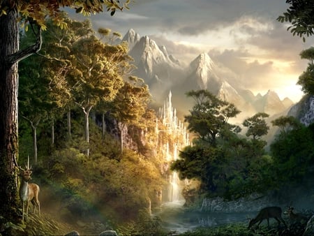 fantasy forest - mountains, clouds, waterfall, blue sky, castle, trees, deer