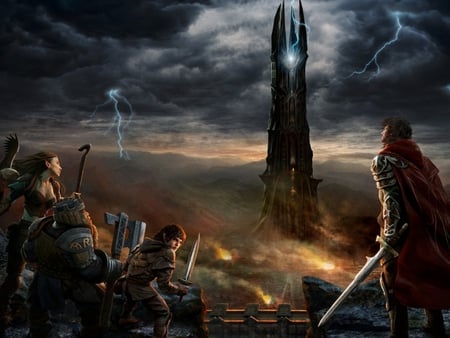 lotr: tower of isanguard - clouds, dwarf, weapons, hobbits, man, lightning, fires