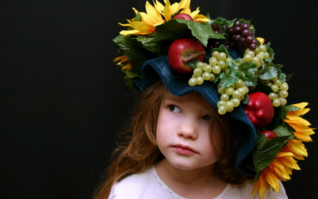 Girl with a great hat - hat, sunflower, grape, woman, girl, flower