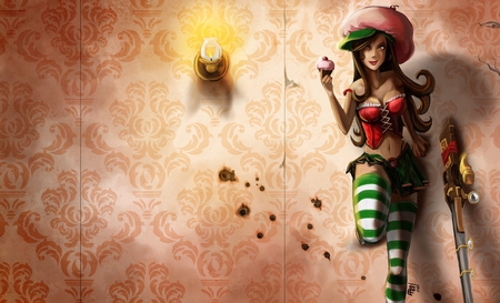 League of Legends - hat, female, girl, legends, light, pink, league, wall, video game