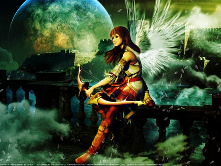 Angel - moon, female, girl, feathers, angel, wings, fantasy, archer, bow, weapon