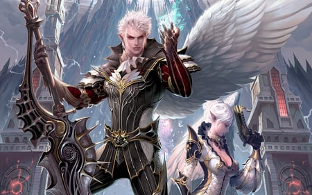 Lineage - girl, sword, guy, angel, lineage, wings, weapon, feathers, power, video game