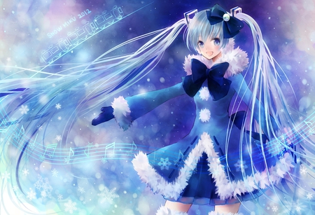 Yuki Miku - virtual, miku, digital, vocaloids, song, singer, winter, cool, awesome, vocaloid, thighhighs, anime, twintail, yuki, blue, cg, stunning, aqua hair, snow, hatsune, black, cute, beautiful, frost, amazing, girl, anime girl, white, jacket, aristic, yuki miku, program, aqua eyes, pretty, snowflakes, aqua, thigh highs, beauty, art, diva, snow miku, twin tail, nice, idol, music, hatsune miku