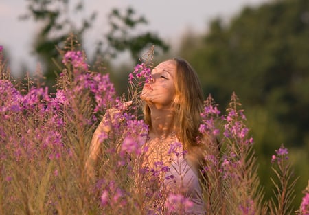 Fragrance of Nature.. - flowers, nature, beautiful, smelling, girl, lovely, pink