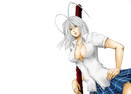 Maya Natsume - anime, anime girl, maya natsume, white background, weapons, white hair, white shirt, natsume maya, short skirt, tenjou tenge, maya, blue eyes