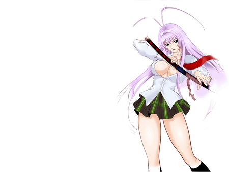 Maya Natsume - anime, anime girl, maya natsume, white background, sword, weapons, long hair, white shirt, natsume maya, short skirt, tenjou tenge, maya, purple hair, blue eyes